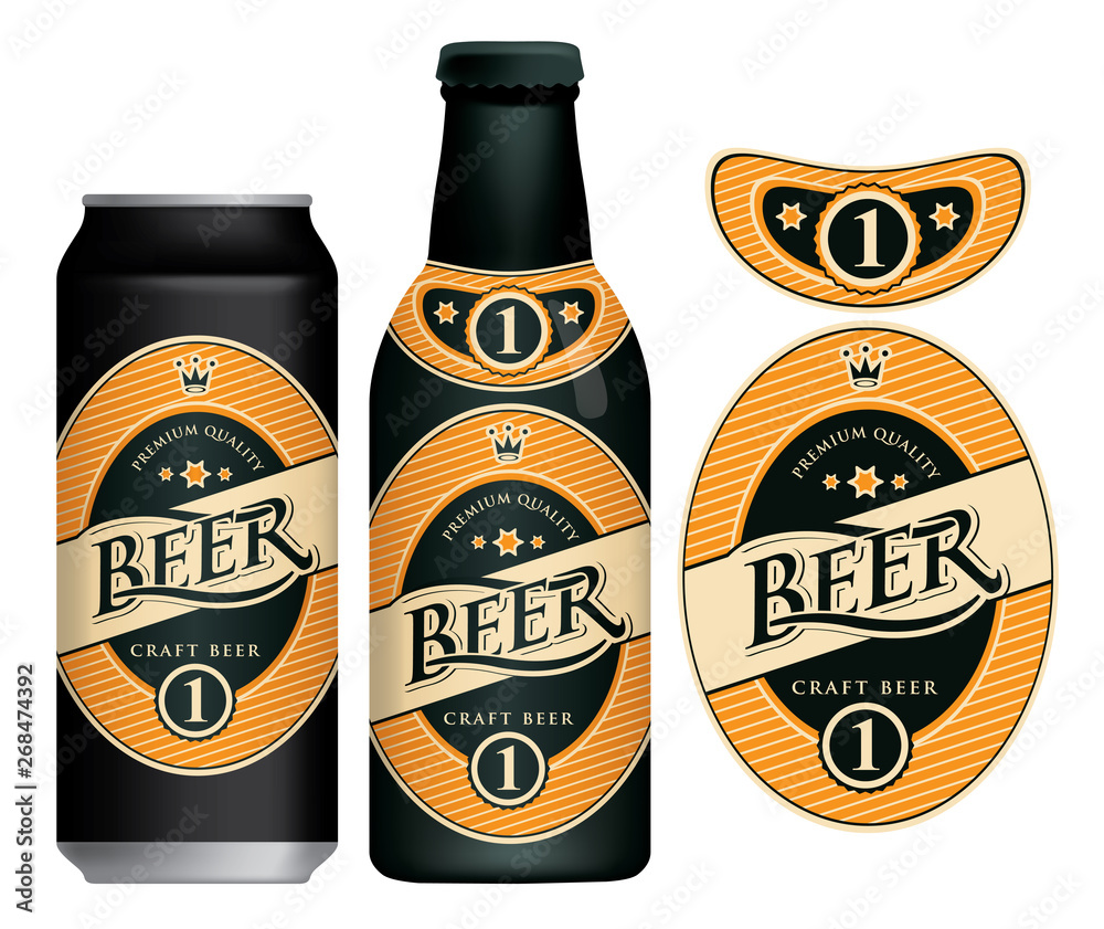 Wall mural vector label for craft beer in retro style, decorated by crown and stars in oval frame. sample beer 