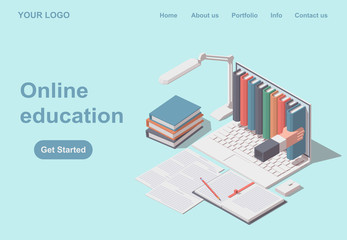Flat design vector isometric concept of Online Education for website or mobile website. Landing page template.