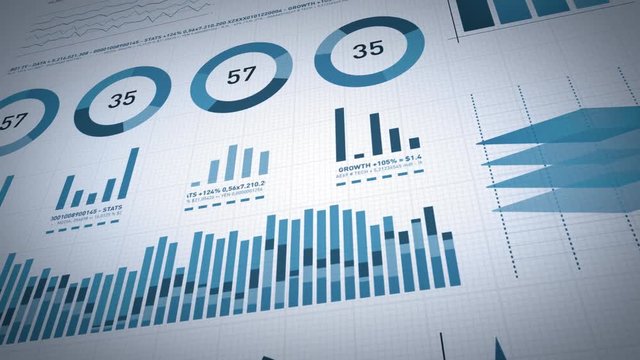 Business Statistics, Market Data And Infographics Layout/ 4k animation of a set of design business and market data analysis and reports, with infographics, bar stats, charts and diagrams