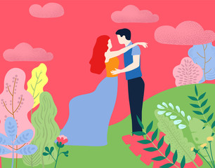 Family holiday. Enamored couple walking outdoors, flat style.