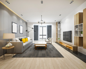 3d rendering loft luxury living room and working room with bookshelf