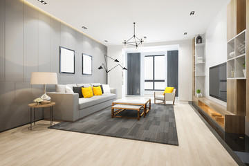 3d rendering loft luxury living room and working room with bookshelf