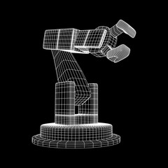Robotic arm manufacture technology industry assembly mechanic hand wireframe low poly mesh vector illustration