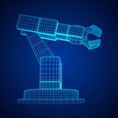 Robotic arm manufacture technology industry assembly mechanic hand wireframe low poly mesh vector illustration