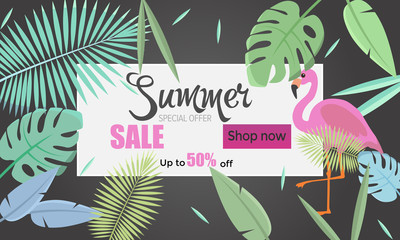 Naklejka premium Summer banner sale 60% 70% 80% off big summer sale for online shop. Black banner with leaves and flamingo, header.