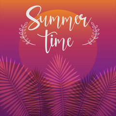 Orange and purple summer bacground. Palm leaves, summer sumset banner, greeting card, vocation, summer relax.