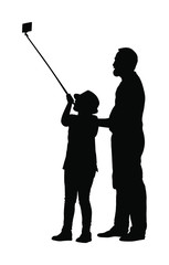 Little girl taking selfie picture with her father helps, vector silhouette illustration isolated on white background. Taking selfie - hand hold monopod with mobile phone. Cute tourist girl take photo.
