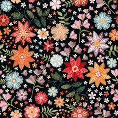 Embroidery seamless pattern with beautiful colorful flowers in boho style. Fashion print for fabric, textile, wrapping paper.