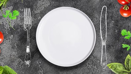 Porcelain plate with animated motion graphics elements, Restaurant menu concept