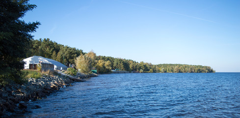 Water surface with wharf on Kyiv Sea, autumn
