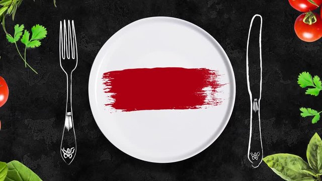 Porcelain plate with animated motion graphics elements, Restaurant menu concept