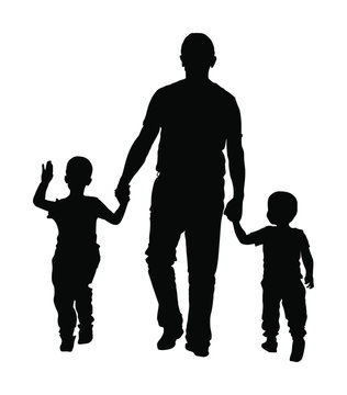 Young father and son holding hands walking on the street. Parent spend time with son vector silhouette illustration. Man and boy in walk. Fathers day. Happy family closeness in public. I love my dad.