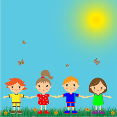 Children in nature. Grass, flowers,butterflies. Vector illustration