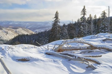 Winter wonderland in the mountains. Mountain ridge Miao Chan.  Khabarovsk region, far East, Russia.