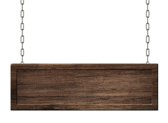 Oblong wooden board with frame made of dark wood hanging on chains