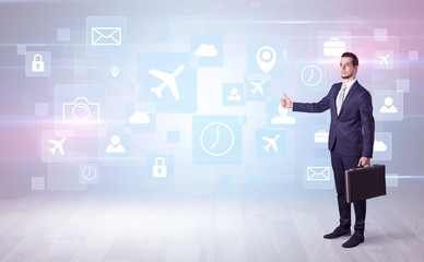 Businessman departs to a business trip with social media and travel symbol concept
