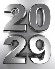 2029 in metallic chrome 3D letters - 3D rendering