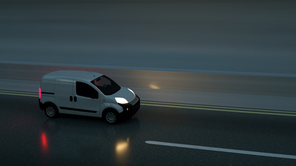 White delivery van on highway. Transport and logistic concept. 3D Illustration