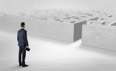 Businessman getting ready to enter the labyrinth with objects in his hand concept

