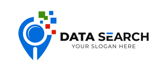 data search logo concept with pin location and magnifying glass