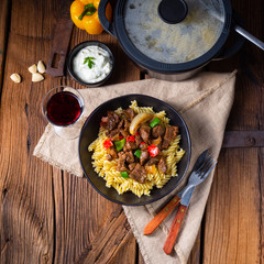 Fussili noodle with klaschise spicy goulash and paprika
