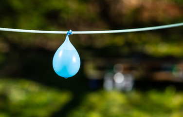 Blue, water-filled balloon on a line. Soon to burst.