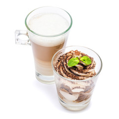 Classic tiramisu dessert in a glass and cup of coffee isolated on a white background with clipping path