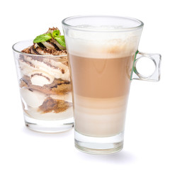 Classic tiramisu dessert in a glass and cup of coffee isolated on a white background with clipping path