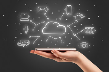 Hand working with cloud technology system and office symbol concept
