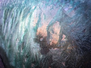 Frozen window at sunrise