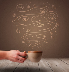 Steaming warm drink decorated with doodle line art
