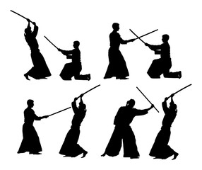 Fight between two aikido fighters vector silhouette symbol illustration. Sparring on training action. Self defense skills fighter, exercise concept. Traditional warriors.