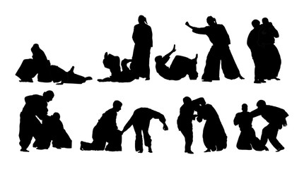 Fight between two aikido fighters vector silhouette symbol illustration. Sparring on training action. Self defense, defence art exercising concept. Sparing duel between opponents. Martial skills.