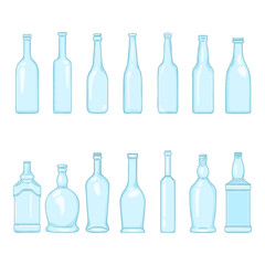 Vector Set of Cartoon Empty Blue Glass Bottles Illustrations