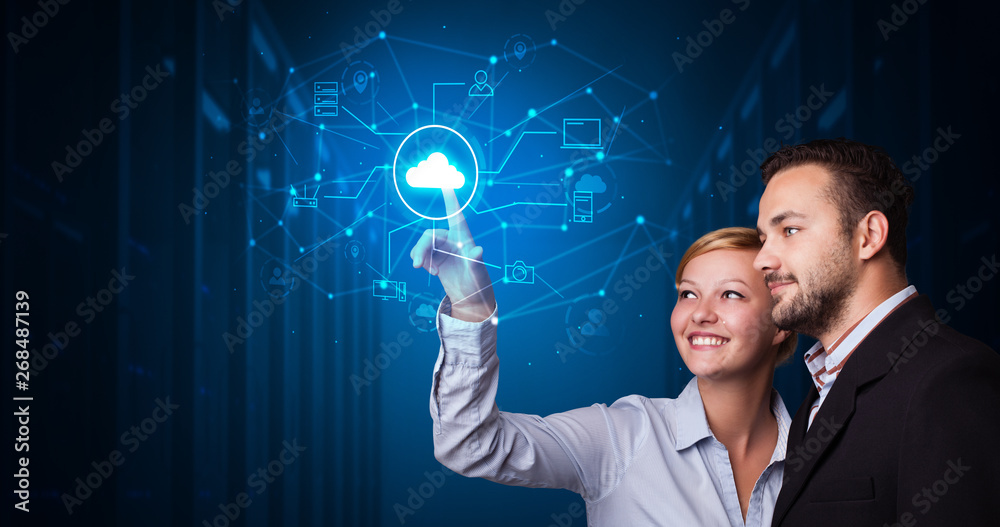 Poster man and woman touching hologram projection displaying cloud system