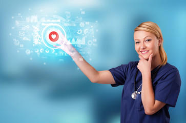 Doctor touching hologram screen displaying medical symbols and charts
