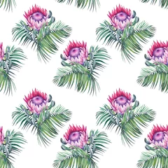 Fotobehang Tropische Bladeren Seamless pattern with exotic Protea flowers and palm leaves. Watercolor illustration on white background.  © JeannaDraw
