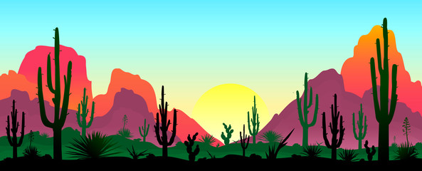 Stony desert with cacti. Sunset in a stony desert with cacti. Silhouettes of stones, cacti and plants. Desert landscape with cacti. The stony desert © Oleg Lytvynenko