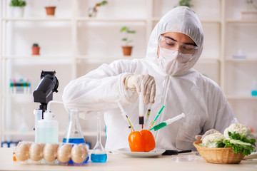 Scientist working in lab on GMO fruits and vegetables