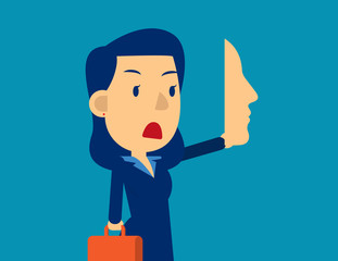 Businesswoman holding mask in front, Concept business social vector illustration, Disguise, Hide.
