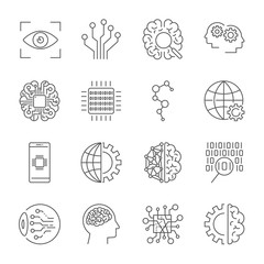 Artificial Intelligence. Vector icon set for artificial intelligence AI concept. Various symbols for the topic using flat design. Editable stroke.