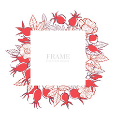 Square frame with flowers, leaves and rosehip berries. Hand-drawn