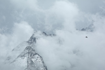 The mountains are covered with clouds. In the frame of a flying bird. Nepal. Everest trekking and hiking