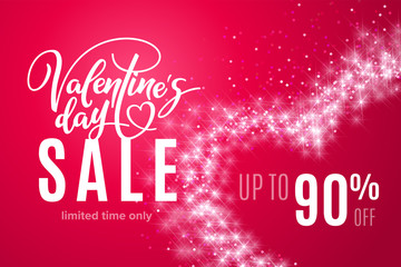 Fototapeta na wymiar Valentine's day holiday sale 90 percent off with heart of glitter on red background. Limited time only. Template for a banner, poster, shopping, discount, invitation
