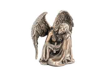 bronze statuette of an angel with bird