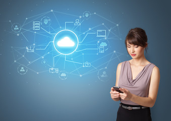 Young smiling person presenting office cloud technology concept
