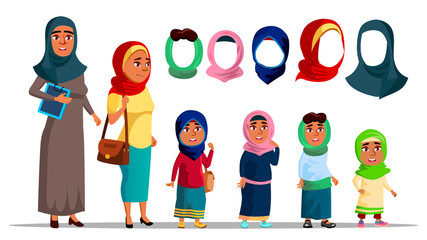 Arabian Characters Women Wearing Hijab Vector. Religion Muslim Adult Female And Little Girl Children With Fashion Eastern Multicolored Hijab Headscarf. Colorful Flat Cartoon Illustration