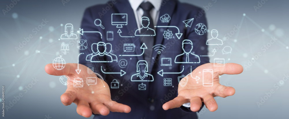 Poster businessman using thin line social network icons interface