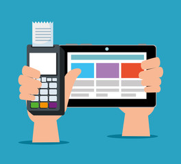 hands with electronic dataphone and tablet technology