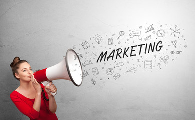 Person holding megaphone and yelling business, management concept
